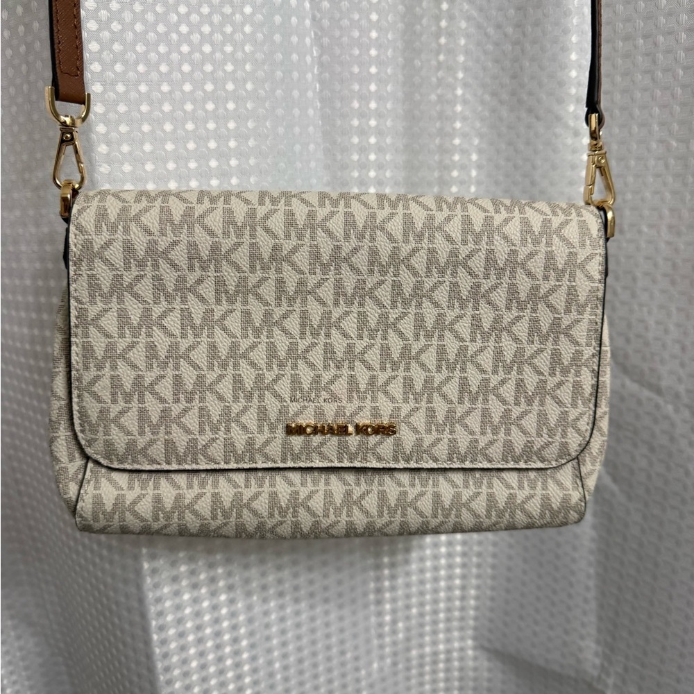 Michael Kors Beige Signature MK Crossbody with Gold Hardware